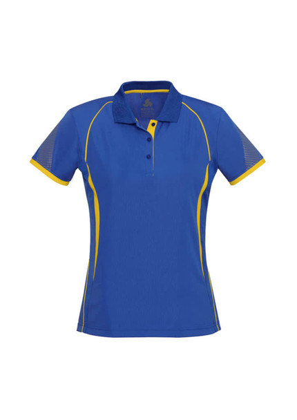 A women's short sleeve polo shirt in vibrant blue with yellow accents and a logo on the chest.