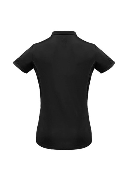 A black short sleeve polo shirt for women featuring a logo. The design is simple with a classic polo silhouette.