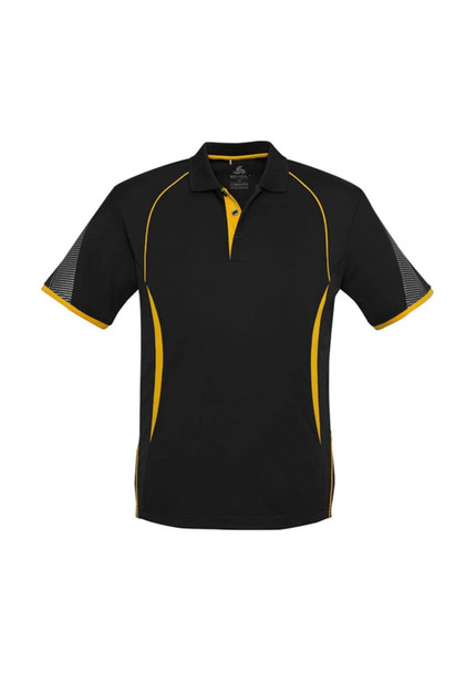 A black polo shirt with yellow accents and short sleeves, featuring a logo on the chest.