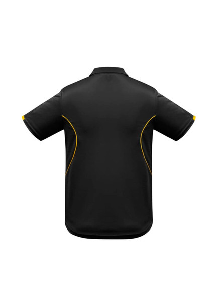 A black short sleeve polo shirt with yellow accents and a logo on the back.