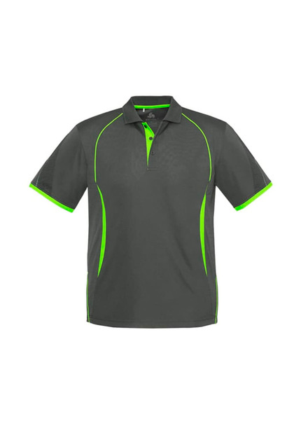 A short sleeve polo shirt in grey with lime green accents and a logo on the chest.