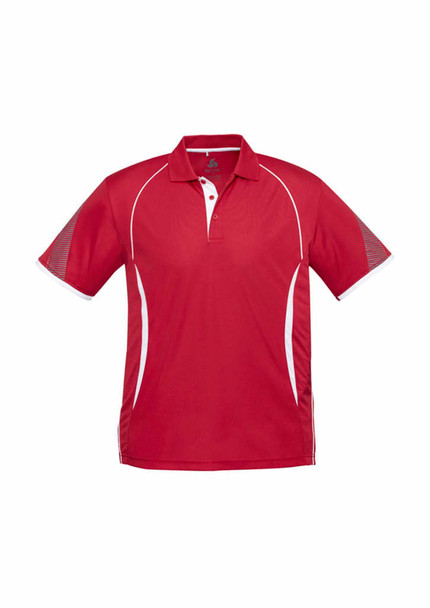 A red short sleeve polo shirt featuring white accents and a logo. Suitable for kids.