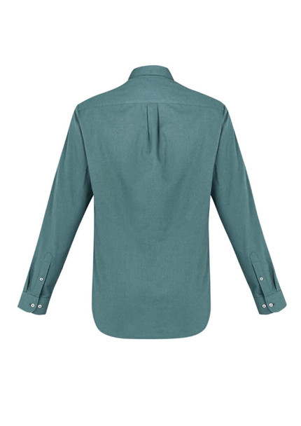 A long sleeve button-up shirt in a muted green colour, featuring a back pleat and buttoned cuffs.