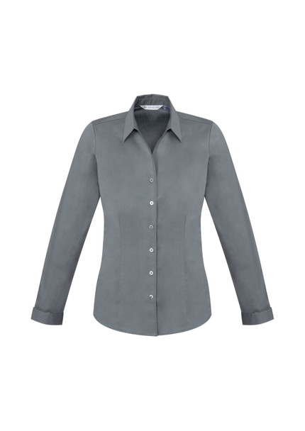 A grey long sleeve button-up shirt for women with a slender fit and a collar. It features a logo.