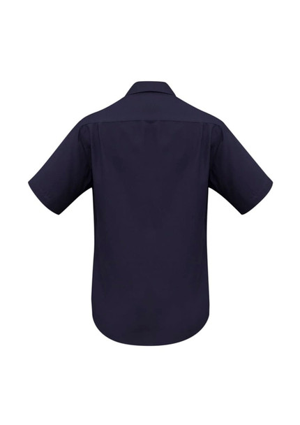 A plain navy blue short sleeve button-up shirt with a classic collar and a simple design. A plain navy blue short sleeve button-up shirt with a classic collar and a simple design.