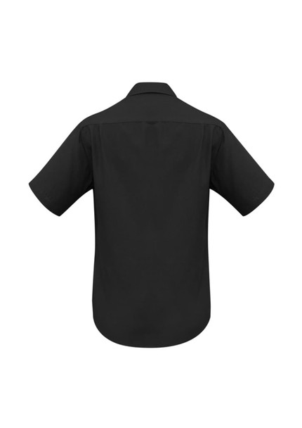 A plain black short sleeve button-up shirt with a collar and a branding logo. A plain black short sleeve button-up shirt with a collar and a branding logo.