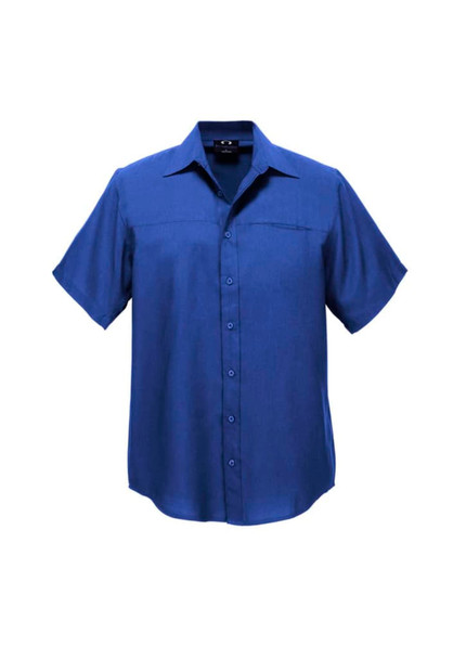 A short-sleeved button-up shirt in a deep blue hue with a single chest pocket and a logo. A short-sleeved button-up shirt in a deep blue hue with a single chest pocket and a logo.