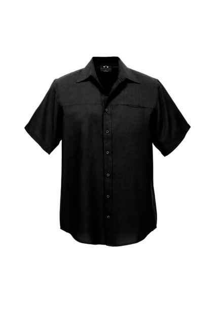 A black short sleeve button-up shirt with a pocket and a logo on the chest.