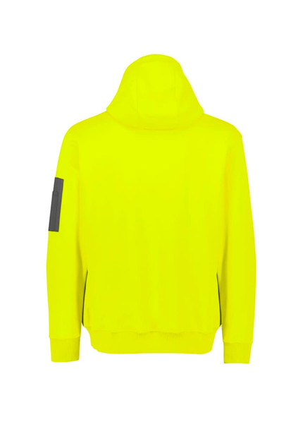 A bright yellow unisex water-resistant hoodie featuring a hood and a black logo on the sleeve.