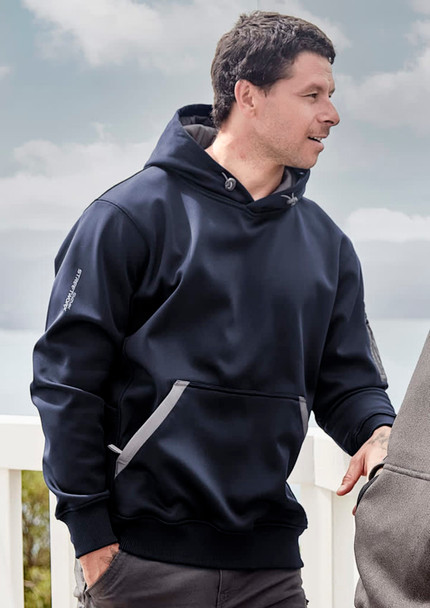 A navy unisex water-resistant hoodie with a logo, featuring a drawstring hood and side detailing.