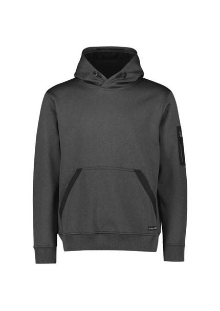 A grey unisex water-resistant hoodie featuring a front pocket and a logo on the sleeve.
