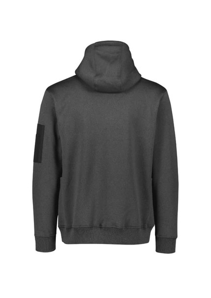 A unisex water-resistant hoodie in dark grey with a hood and an arm patch. It features a simple, minimalist design.