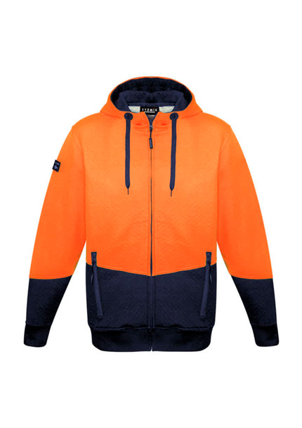A unisex hi-vis textured jacquard full zip hoodie in orange and navy, featuring a logo.