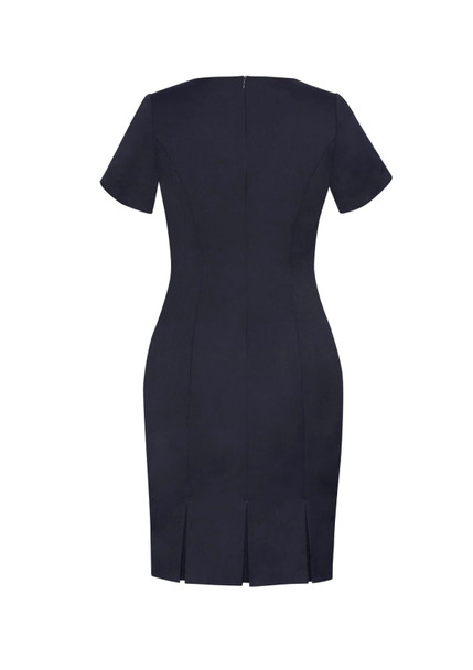 A navy short sleeve shift dress with a fitted silhouette and back zip, featuring slit details at the hem.