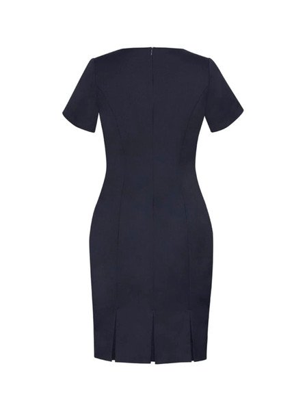 A navy blue women's short sleeve shift dress featuring a fitted design and back zipper closure.