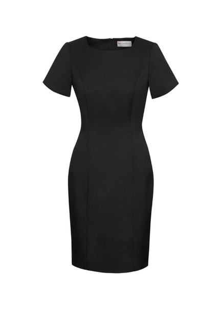 A black short sleeve shift dress with a fitted silhouette and a back zipper. Features include a branding logo.