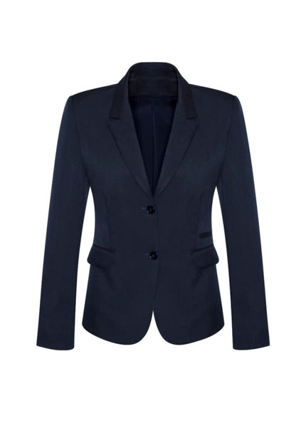A women's mid-length jacket in dark navy, featuring a two-button closure and fitted design. It has a sleek blazer style.