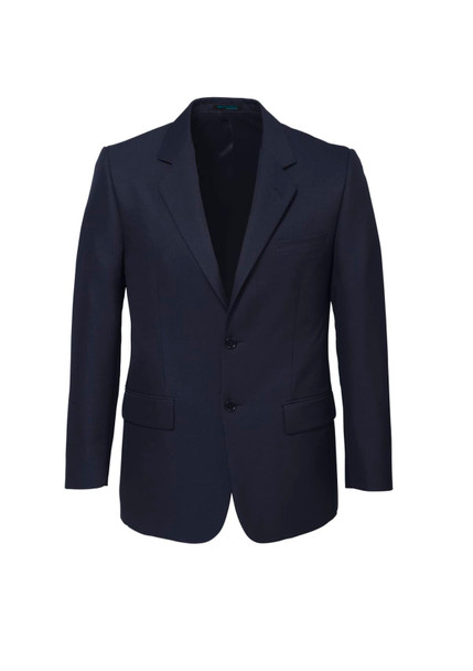 A navy blue men's classic jacket with a two-button front, notched lapels, and pockets. Features a branding logo.