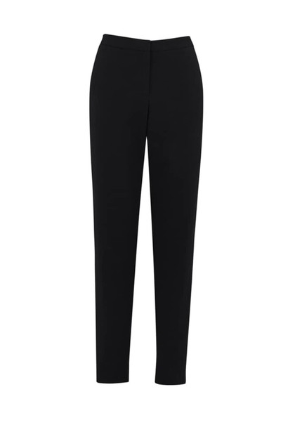 Black tailored women's trousers with a sleek design and a logo on the waistband.