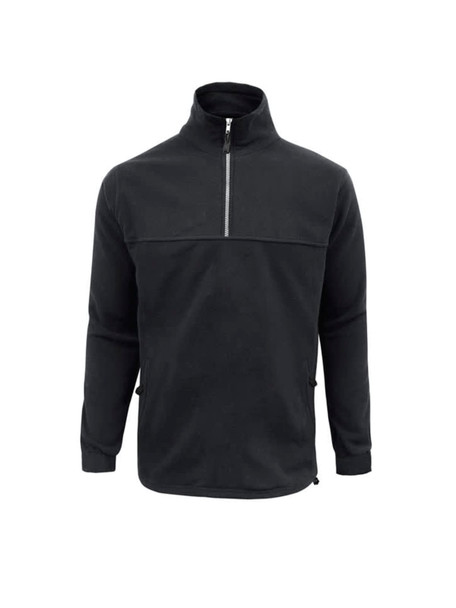 A men's heavyweight fleece jumper in black, featuring a zippered neck and side pockets. It has a logo on the front.