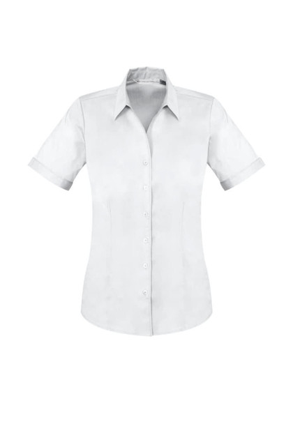 A white short sleeve button-up shirt with a fitted silhouette and rolled cuffs, featuring a logo. A white short sleeve button-up shirt with a fitted silhouette and rolled cuffs, featuring a logo.