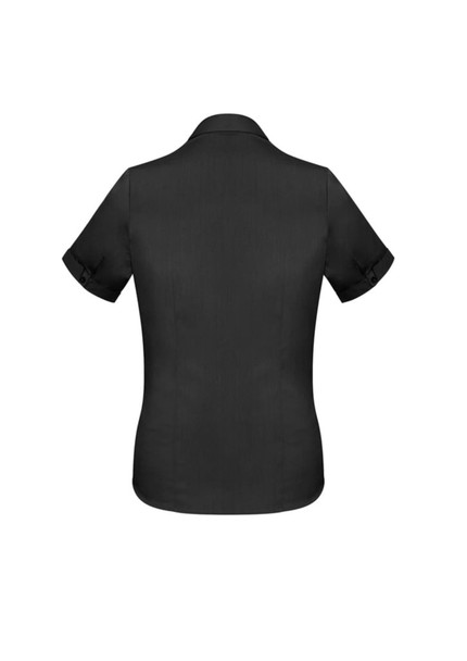 A black short sleeve button-up shirt with rolled sleeves and a fitted design. Features a logo on the back.