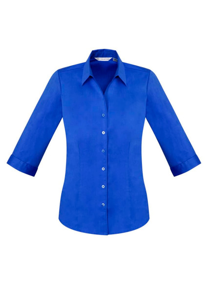 A blue ladies' button-up shirt with 3/4 sleeves and a fitted design. The shirt features a collar and buttons. A blue ladies' button-up shirt with 3/4 sleeves and a fitted design. The shirt features a collar and buttons.