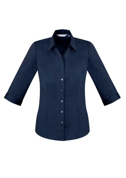 A navy blue ladies' button-up shirt with 3/4 sleeves and a collar, featuring a logo. A navy blue ladies' button-up shirt with 3/4 sleeves and a collar, featuring a logo.