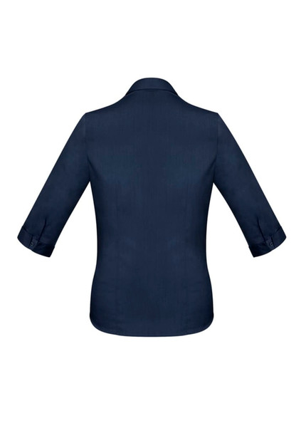 A navy blue women's button-up shirt with 3/4 sleeves. The shirt features a standard collar and rolled cuffs. A navy blue women's button-up shirt with 3/4 sleeves. The shirt features a standard collar and rolled cuffs.