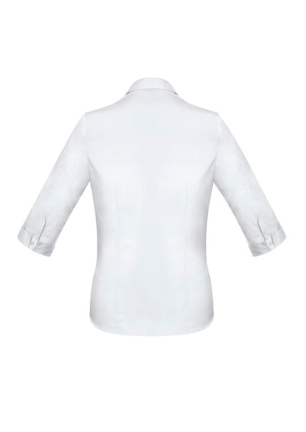 A white 3/4 sleeve button-up shirt with a collar and rolled cuffs, featuring a logo on the back. A white 3/4 sleeve button-up shirt with a collar and rolled cuffs, featuring a logo on the back.