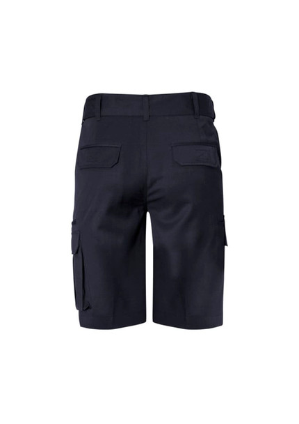 A pair of navy dress shorts featuring multiple pockets and a branded logo on the back.