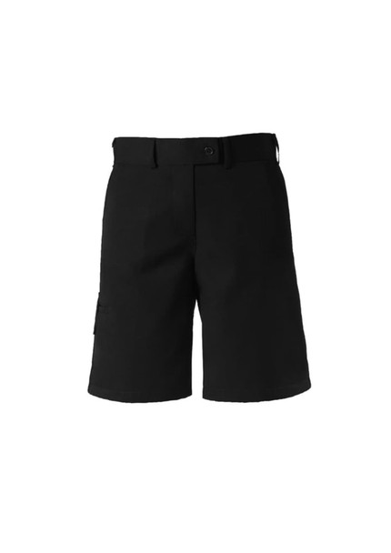 Black women's dress shorts featuring a flat front and side pocket. Includes a belt loop and brand logo.