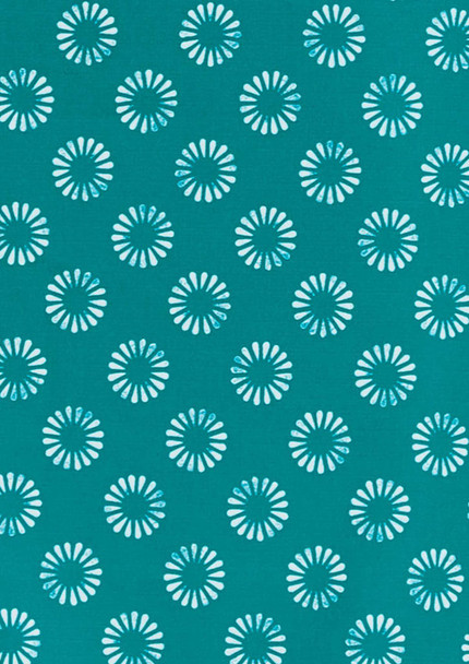 A teal fabric featuring a white daisy print pattern, with various floral designs evenly spaced throughout.