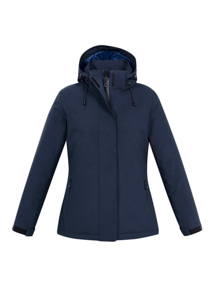 A navy women's rain jacket with a hood, featuring zippered pockets and a sleek design. It has a branding logo.