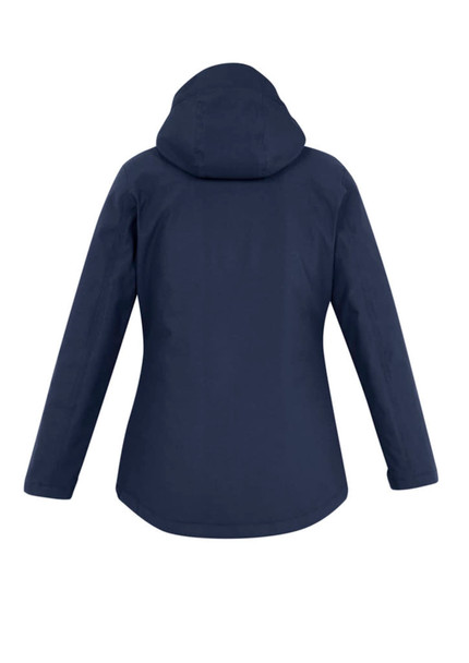A navy blue women's jacket featuring a hood and a sleek, minimal design. It includes a logo on the back.