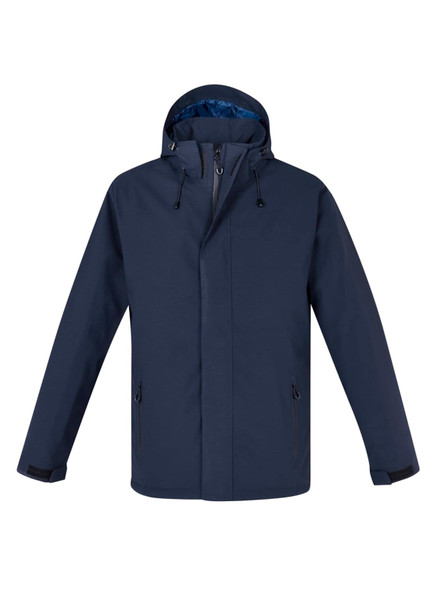 A navy rain jacket with a hood, featuring side pockets and a partial zip. It includes an inner layer in a contrasting colour.