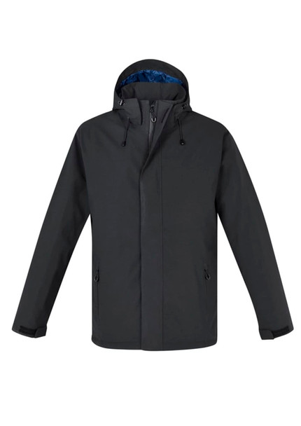 A dark grey rain jacket featuring a hood and zip pockets, with a blue inner lining and a noticeable logo.