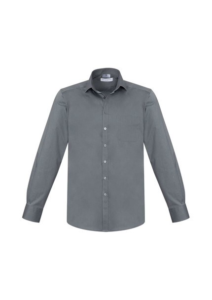 A grey long sleeve button-up shirt with a breast pocket and a logo on the collar.