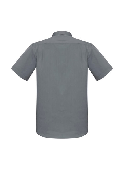 A grey short sleeve button-up shirt featuring a back view with a simple design and a logo.