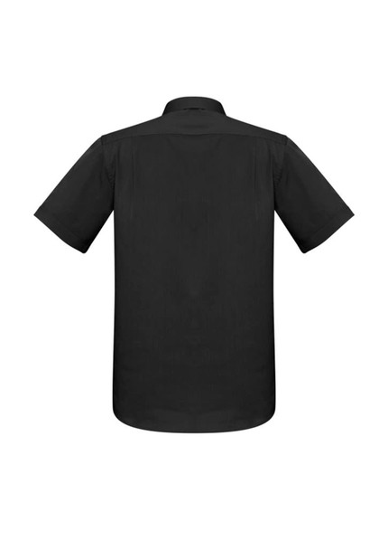 A black short sleeve button-up shirt featuring a back view and a logo.