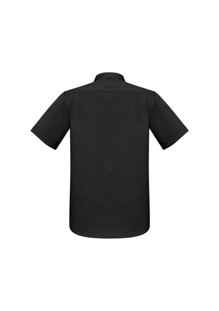 A black short sleeve button-up shirt with a collar, featuring a back view and a branding logo.