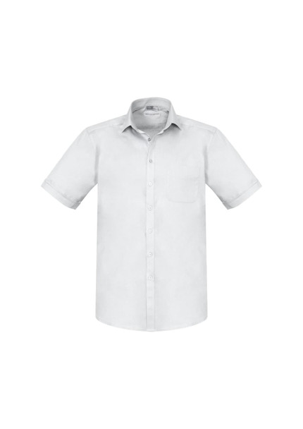 A light grey short sleeve button-up shirt with a single chest pocket and a branded tag.