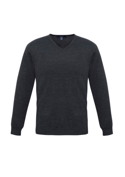 A dark grey men's pullover sweater with a V-neck and long sleeves, featuring a logo.