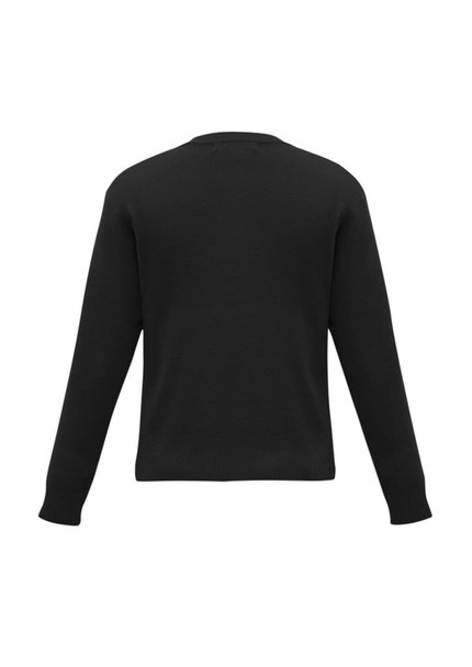 A black knitted pullover with long sleeves and a crew neck, featuring a plain back design.