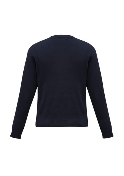 A dark navy wool-mix knitted pullover with long sleeves and a crew neck. It has a logo on the back.