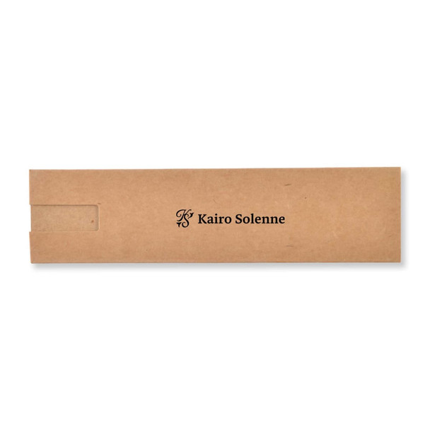A brown cardboard box featuring a logo, designed for packaging a pen or similar item.
