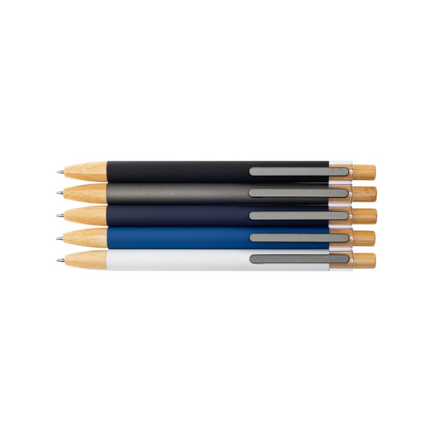 A collection of Serenity Aluminium Pens in black, grey, navy blue, and white, featuring wooden accents. A collection of Serenity Aluminium Pens in black, grey, navy blue, and white, featuring wooden accents.