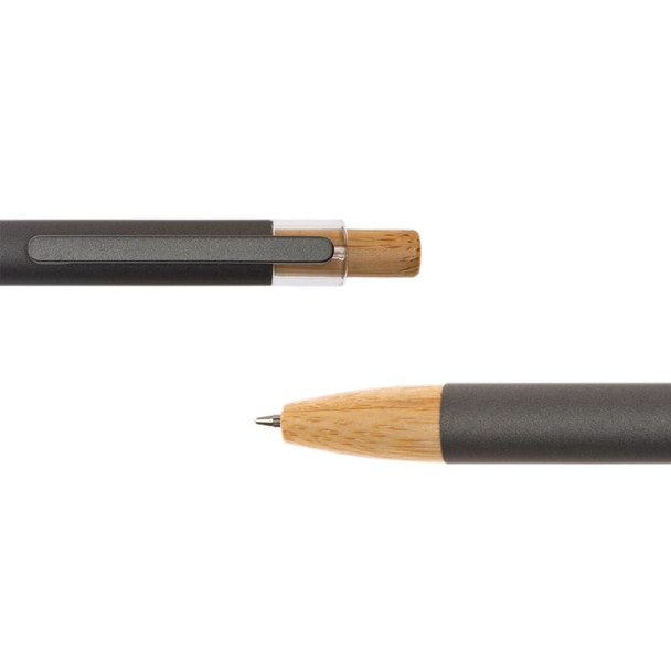 A metal pen with a dark grey barrel and bamboo accents, featuring a clip and a visible nib. The pen has a logo. A metal pen with a dark grey barrel and bamboo accents, featuring a clip and a visible nib. The pen has a logo.