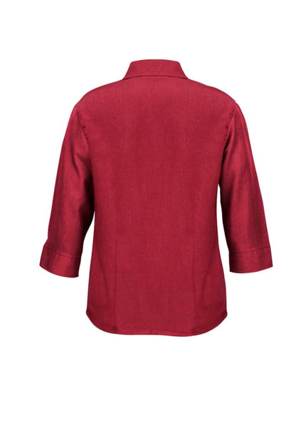 A maroon 3/4 sleeve shirt with a simple back design and a collar, featuring a branding logo. A maroon 3/4 sleeve shirt with a simple back design and a collar, featuring a branding logo.