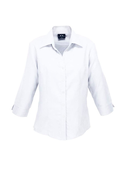 A white ladies' 3/4 sleeve shirt with a collared neck and button closure, featuring a logo. A white ladies' 3/4 sleeve shirt with a collared neck and button closure, featuring a logo.